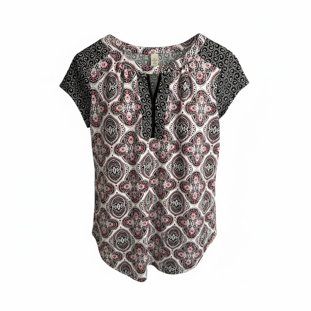 PerSeption Concept Pink Black Mixed Print Boho Paiseley S/S Blouse Size Small